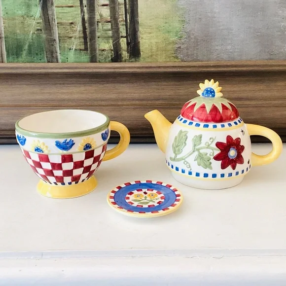 Vintage Hand Painted Tea-For-One 4 Ps Tea Pot Set County Cottage Floral Colorful